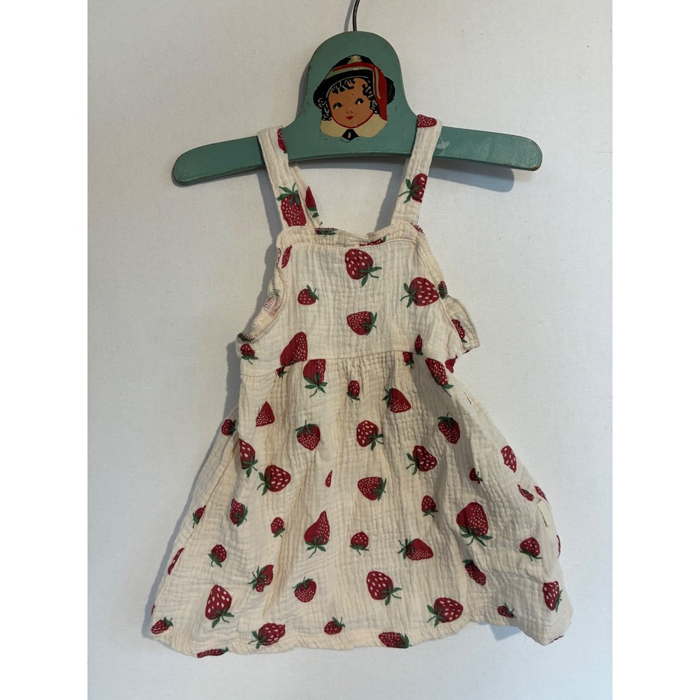 Rabbit + Bear Pinafore Strawberry Print Cottage Baby Girls 12M Cream Excellent
